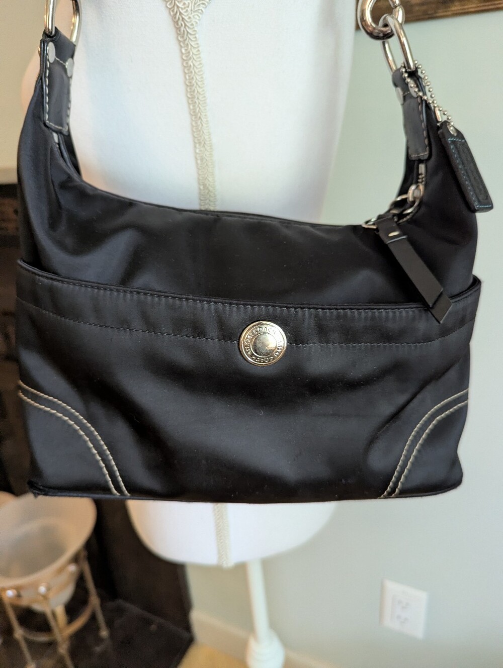 Vintage Y2K Coach Hampton Weekender Black Sateen Hobo Shoulder Bag Leather Strap - Picture 2 of 15